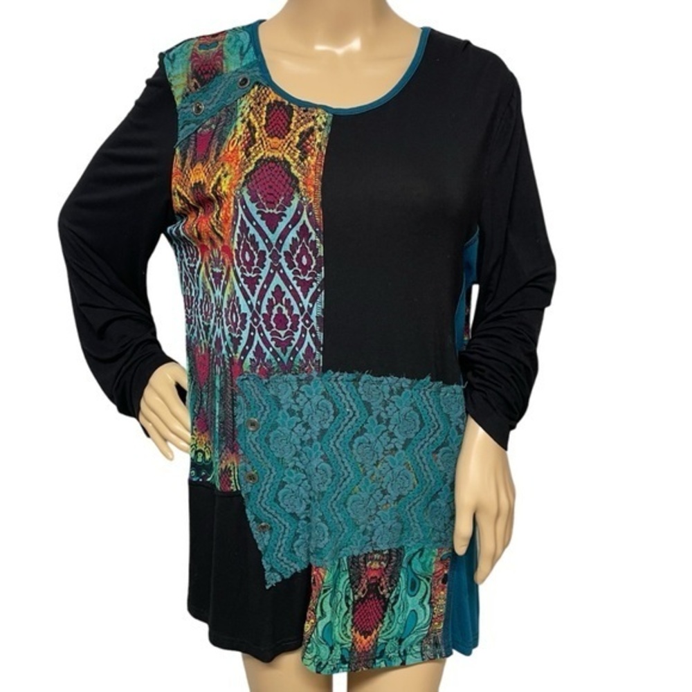 Kaktus Womens Multicolored NS Tag Artsy Embellished Long Sleeve Tunic Top in EUC
